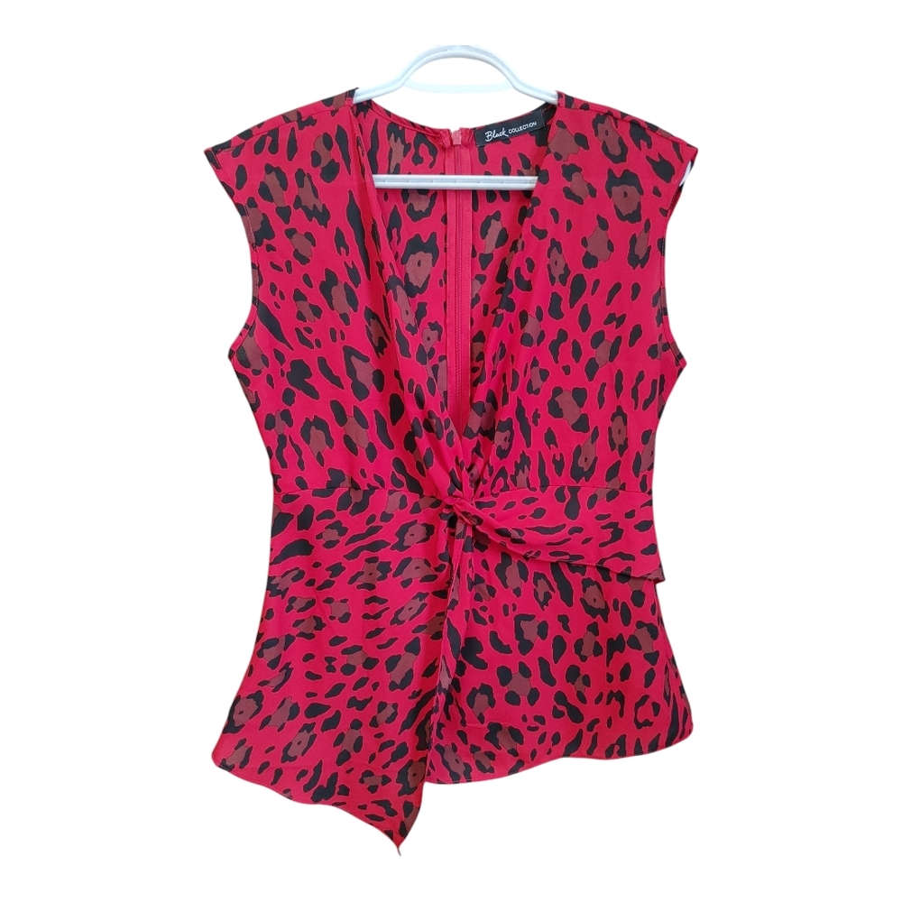 Red and Black Asymmetrical Blouse with Plunge V-Neck and Cap Sleeves